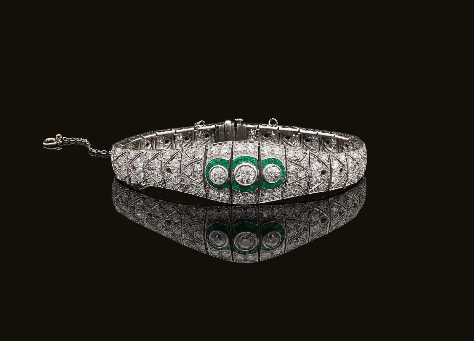 Platinum Art Deco Diamond & Emerald Bracelet